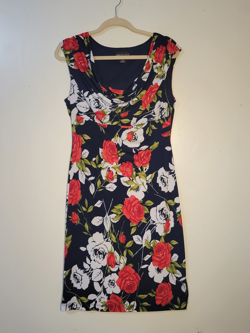 Connected Apparel (Women's 12) Navy Floral Rose print Cowl Neck Sheath Dress